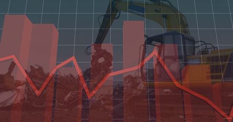 Excavator in Scrap Yard with Overlaid Red Line Graph Declining