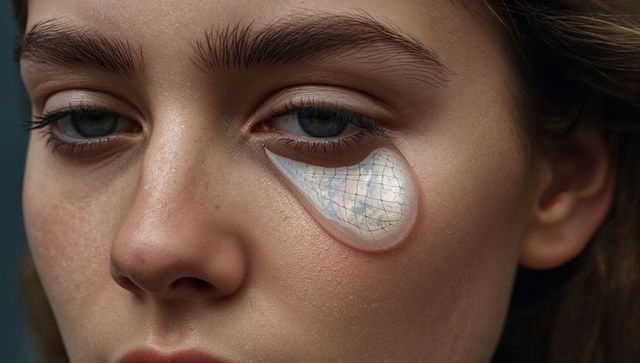 Close-up adult female applying iridescent hydrogel under-eye patch for skincare routine