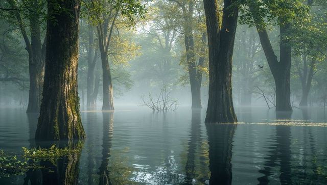 Misty Flooded Forest with Moss-Covered Tree Trunks Reflecting in Calm Wetland Water