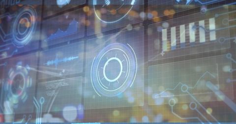Futuristic hud pulsing circular widget animating analytics dashboard data visualization