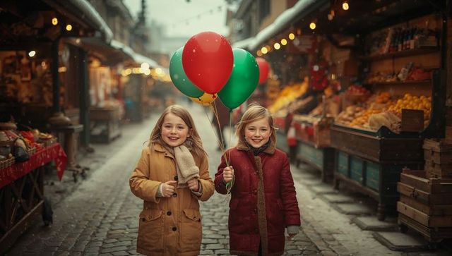Sisters Stroll with Balloons on Festive Winter Street