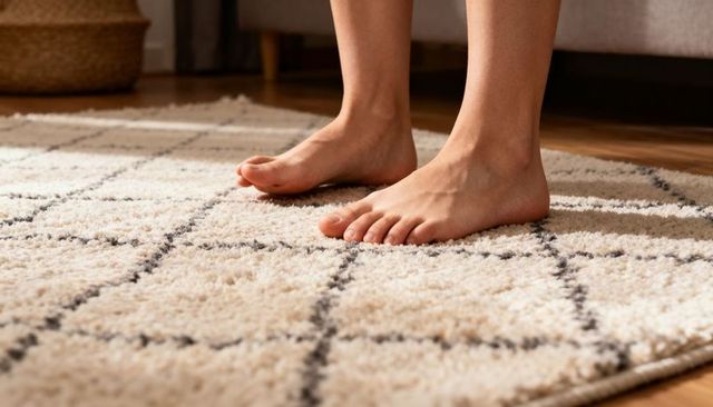 Bare feet standing on plush grid rug over warm hardwood floor, minimalist cozy interior