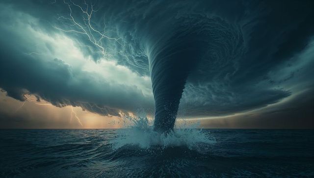 Dramatic waterspout with thunderclouds and lightning at sea