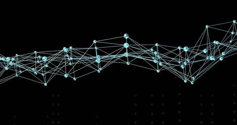 Glowing Cyan Node Network Mesh With Wireframe Connections and Binary Matrix Overlay