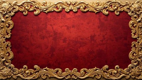 Gilded baroque frame framing red velvet panel with ornate rococo scrollwork and rosettes