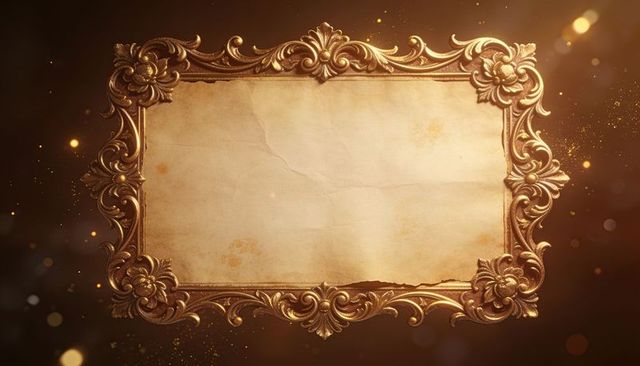 Ornate baroque gold frame holding aged parchment vellum with glowing dust and bokeh