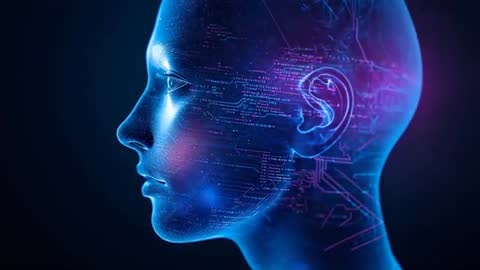 Futuristic Humanoid Head Examining Digital Code