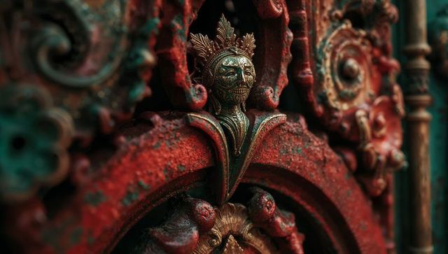 Ornate baroque metal door sculpture with skeletal design