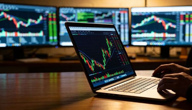 Trader analyzing bullish candlestick charts on laptop with multi-monitor market dashboard