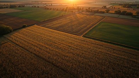 Sunset over Rolling Cropland Hues Illuminating the Countryside