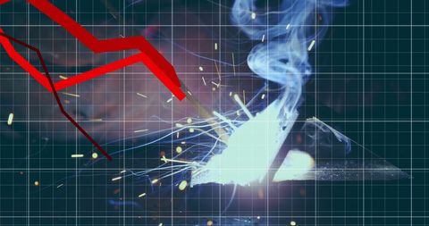 Welding Sparks with Smoke Against Technical Grid Background