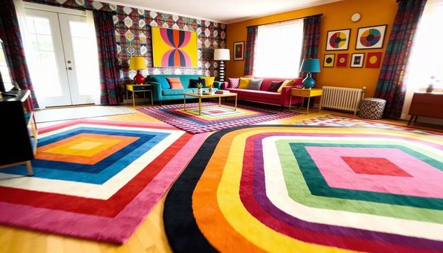 Vibrant geometric rugs in retro midcentury living room with bold colorblock decor