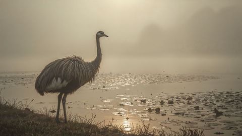 Emu on foggy wetland shore at dawn
