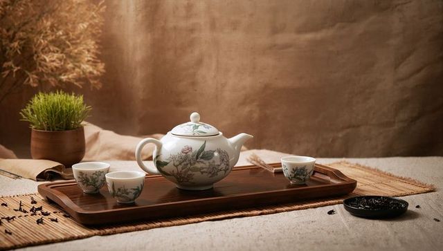 Handpainted floral porcelain teapot and teacups on bamboo mat with loose tea leaves
