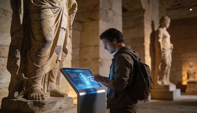 Contemplative visitor using interactive touchscreen kiosk in museum with ancient sculptures