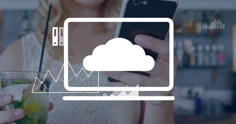 Blonde woman using smartphone with cloud analytics overlay and cocktail in casual bar interior