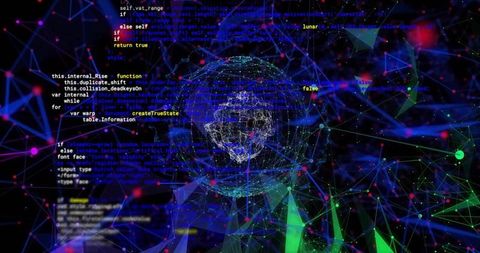 Rotating Wireframe Sphere with Skull-like Core in Neon Network Visualizing Cyber Data Flow
