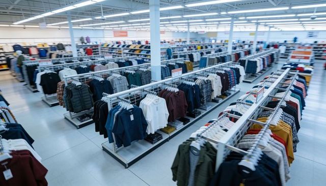 Wide-angle retail clothing racks showcasing organized apparel aisles in big-box store today