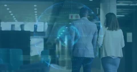 Colleagues Analyzing Holographic Globe in Futuristic Business Lounge