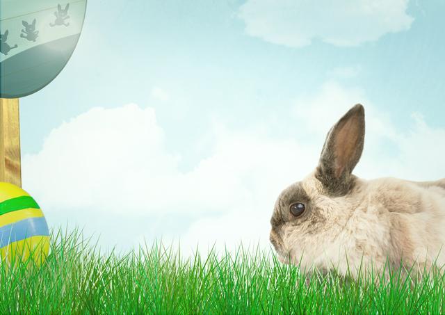 Brown rabbit lying in a grassy field beside a colorful Easter egg and a signpost against a backdrop of a blue sky with clouds. Perfect for Easter-themed promotions, greeting cards, and springtime celebrations. The vibrant colors and cute animal make it attractive for use in family and children-related content.
