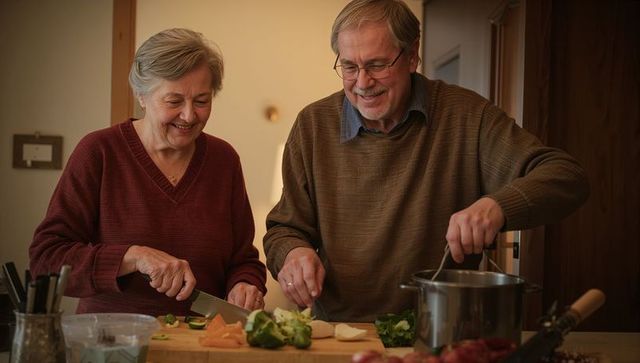 Senior couple cooking together in cozy kitchen chopping vegetables and stirring pot
