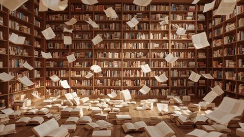 Floating Pages and Open Books Amid Shelves in Atmospheric Library