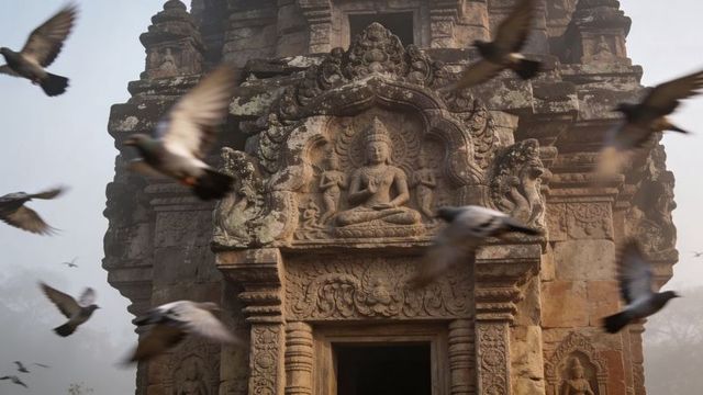 Khmer temple lintel with seated buddha relief and pigeons in morning mist