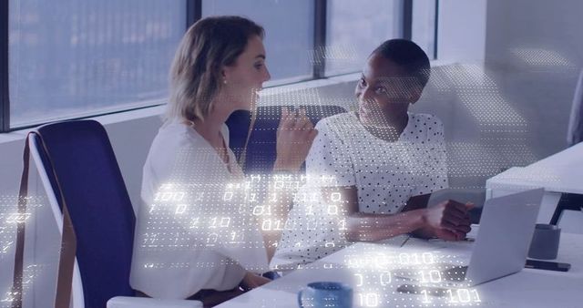 Colleagues Collaborating over Technology with Binary Code Overlay