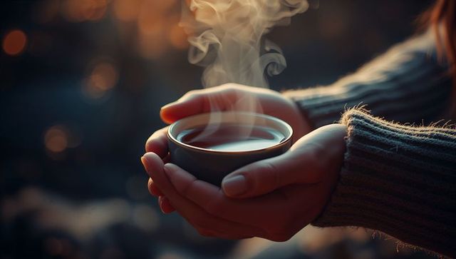 Cozy Hands Holding Steaming Cup of Tea in Warm Sweater
