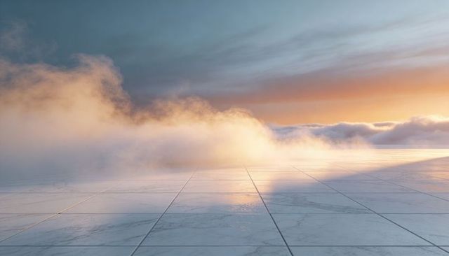 Sunlit marble terrace reflecting mist and clouds on glossy tiled platform at dawn