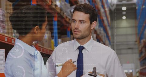 Business Professionals Discussing in Warehouse, Graph Overlay