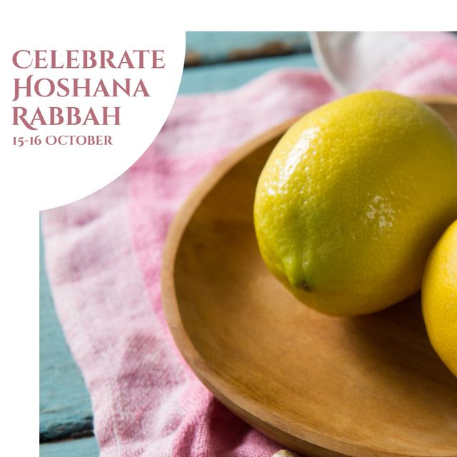 This vibrant image featuring lemons on a wooden plate, adorned with a text celebrating Hoshana Rabbah from October 15-16, is ideal for promoting holiday events, cultural celebrations, religious observances, or food-related content for the Jewish festival. It can be used in social media posts, blogs, newsletters, or flyers highlighting this significant time.