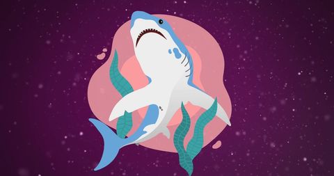 Illustration of cartoon shark surrounded by whimsical water plants against a textured dark background filled with twinkling particles, evoking a mysterious marine atmosphere. Perfect for use in children's storybooks, educational materials about marine life, or playful aquatic-themed digital and print designs.