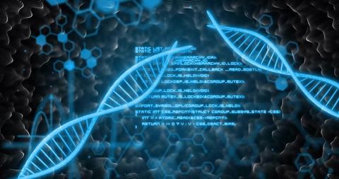 Glowing cyan DNA double helix spanning diagonal holographic genomics code visualization