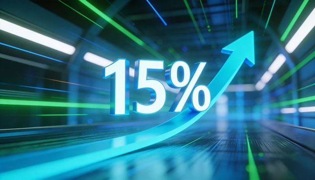 15% Increase Arrow Showing Rapid Digital Performance Growth in Neon Tunnel