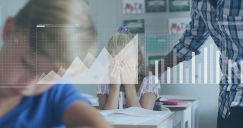 Student covering face at classroom desk while teacher reaching, charts and data overlaying