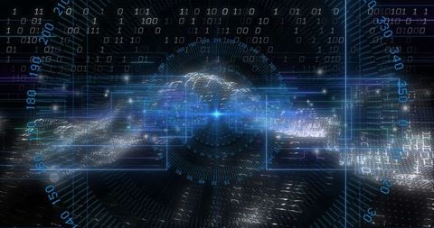 Pulsing data core streaming neon ribbon across cyberspace with circular hud and binary