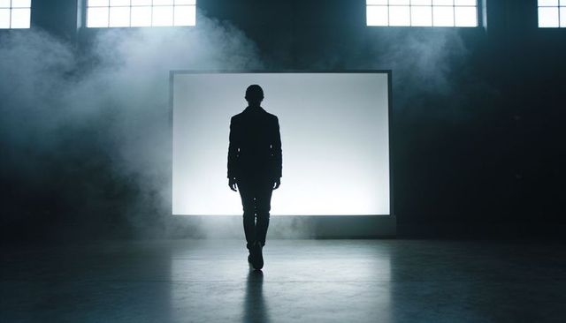 Silhouetted man walking toward illuminated screen in foggy industrial warehouse, dramatic backlight
