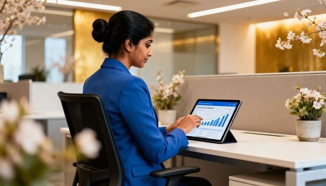 Businesswoman analyzing upward growth chart on tablet in modern minimalist office