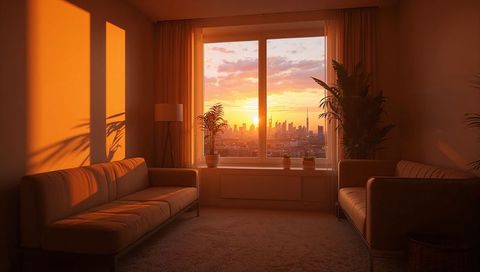 Sunset City Skyline Bathing Cozy Living Room in Warm Golden Light, Two-Sofa Interior