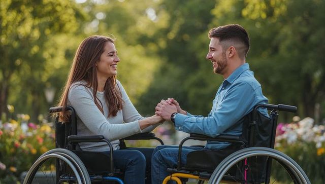 Inclusive romance: couple enjoying time in wheelchairs at park
