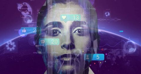 Futuristic interface with gravitate female face and social interaction icons