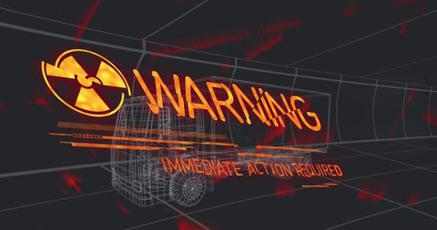 3d warning message truck over wireframe grid