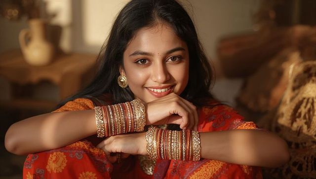 Smiling indian teen in red-orange kurta with stacked gold bangles and traditional jewelry