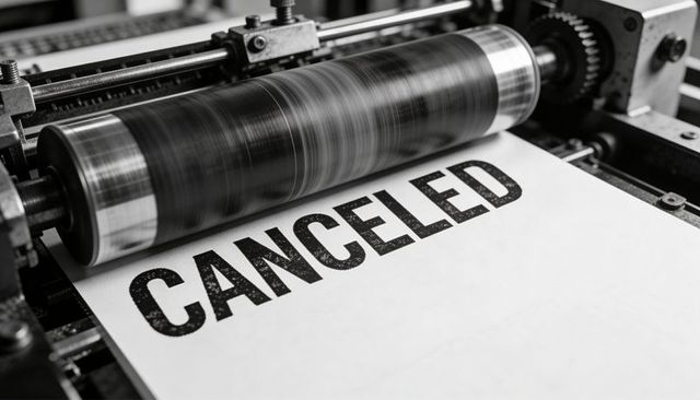 Vintage rotary press stamping canceled on document, bold monochrome closeup