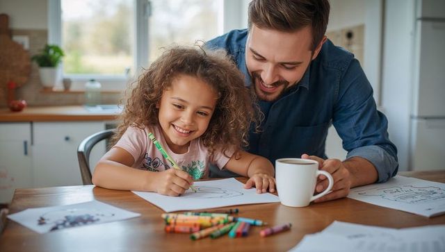 Father and Daughter Bond Over Coloring at Cozy Kitchen Table