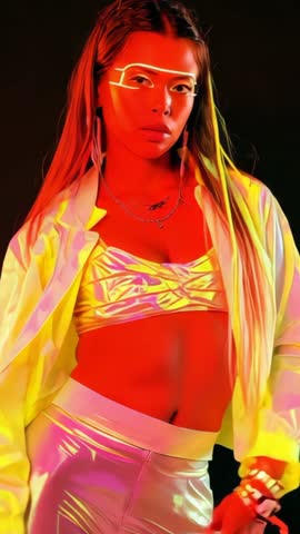 Vertical video neon fashion model posing under shifting purple green lights with glowing neon line