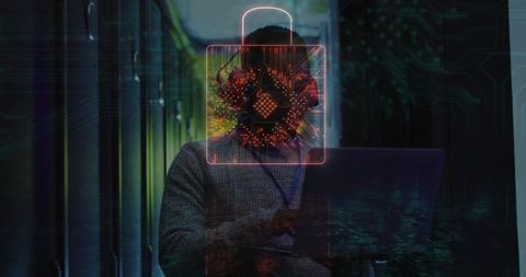 Technician checking server racks with laptop and padlock overlay symbolizing cybersecurity
