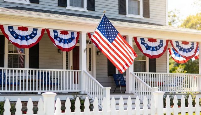 American flag fluttering on front porch with patriotic bunting and picket fence in sunlight