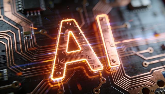 Glowing ai circuitry on macro pcb with neon copper traces and futuristic sparks